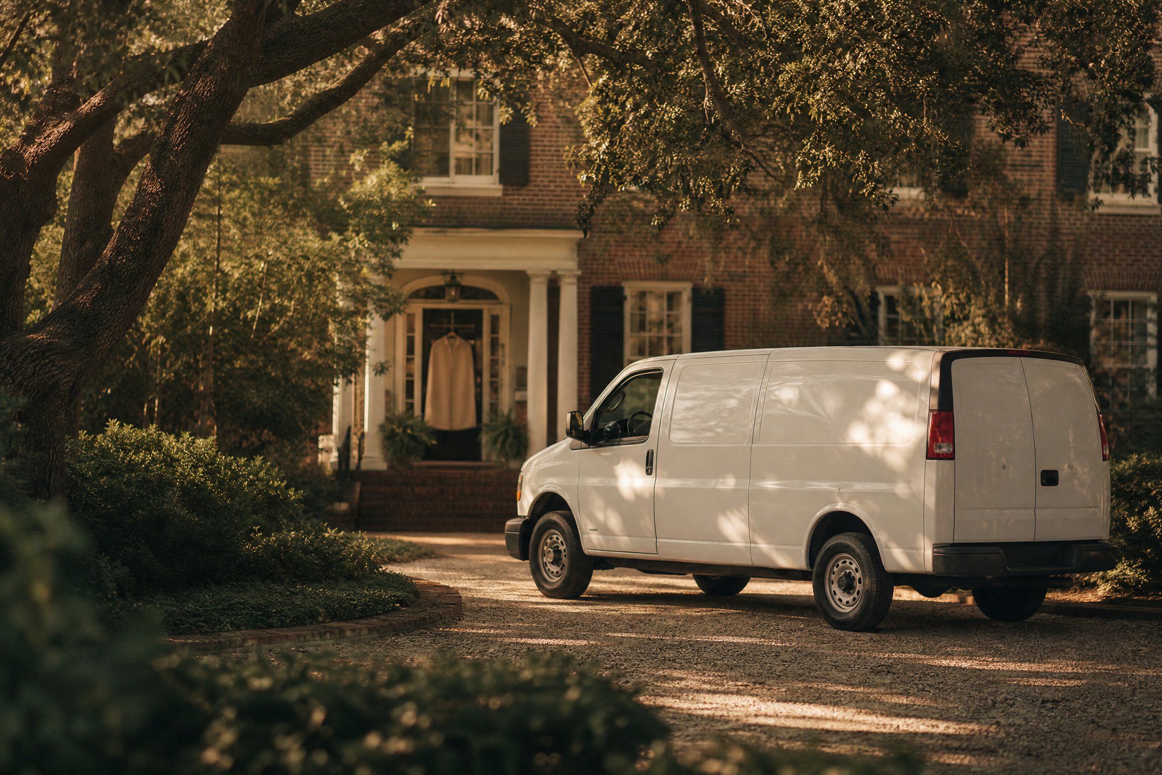 A FabriCare delivery van in the driveway of a Greenville home, with a garment bag waiting on the porch